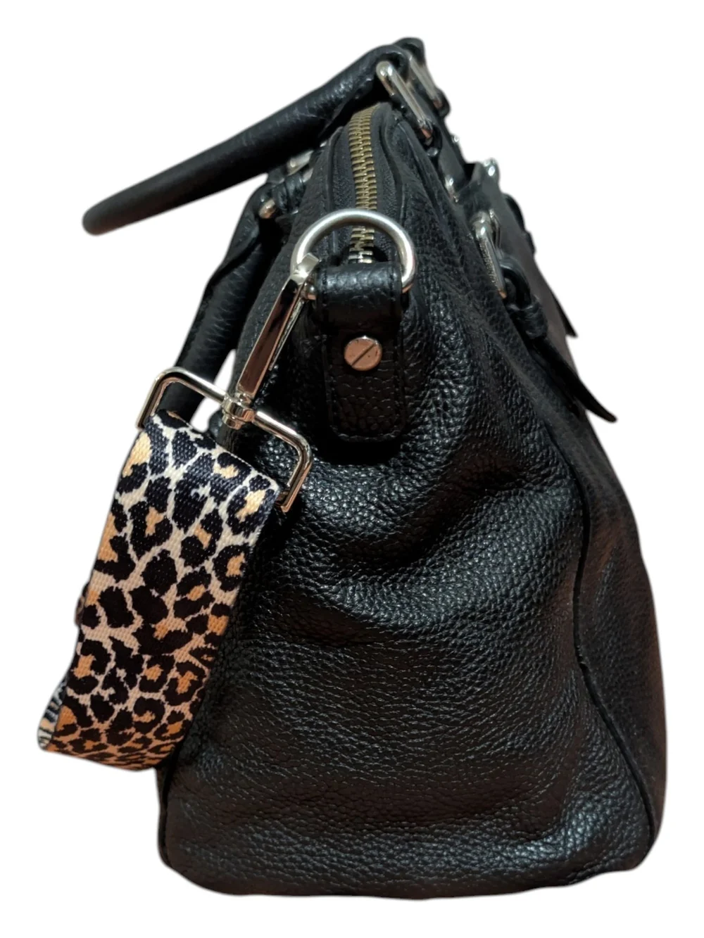 Michael Kors Black Pebbled Leather Satchel with Leopard Strap